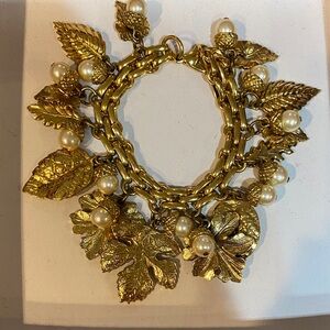 Gold Leaf and Pearl Charm Bracelet